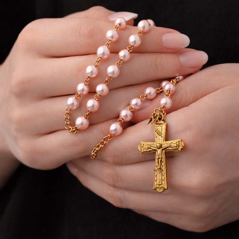 Gold & Pink Catholic Rosary 10mm Beads | Heavy High Quality Religious Rosary